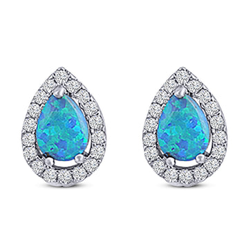 Halo Teardrop Pear Stud Earring Lab Created Blue Opal Solid 925 Sterling Silver (13mm)